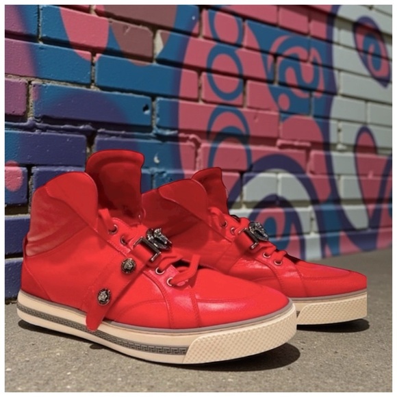 Versace Men's ‘Medusa’ High-Top Leather Sneakers w/ Hardware. Red, White. US 9 - Picture 2 of 13